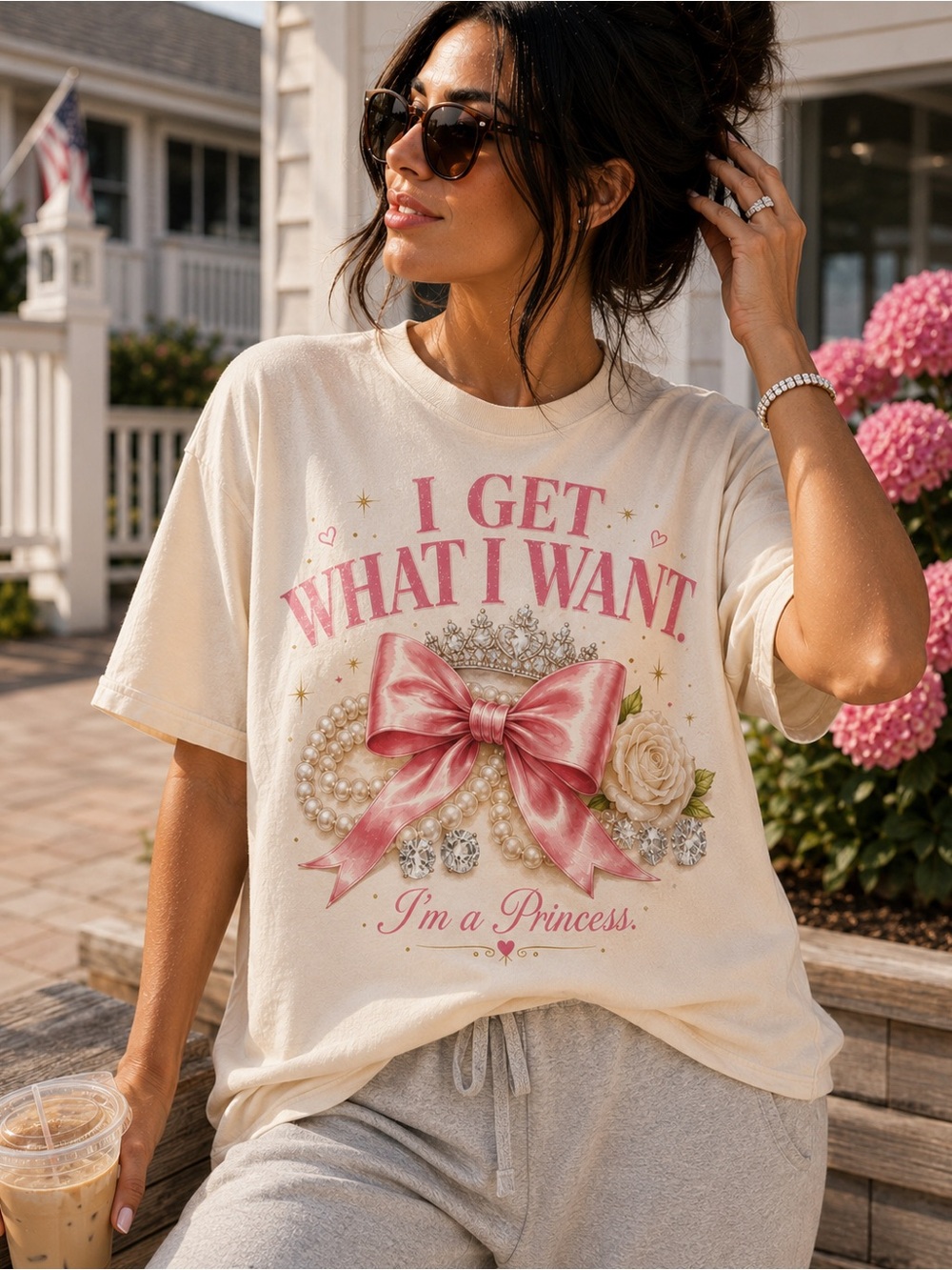 Cream Graphic Tee with Pink Bow "I Get What I Want" S-5x